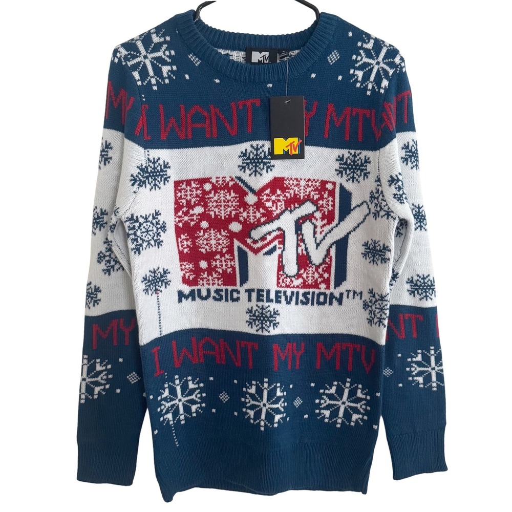 MTV I Want My MTV Christmas Ugly Sweater Snowflake NWT Size Small Unisex